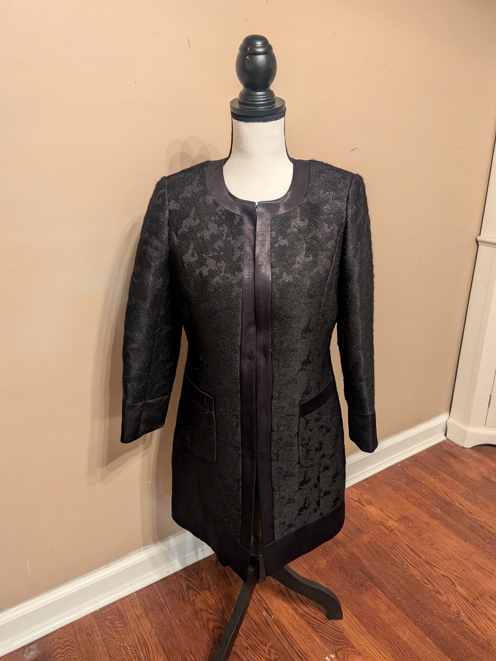 Karl Lagerfeld Black Textured Long Coat with Satin Trim